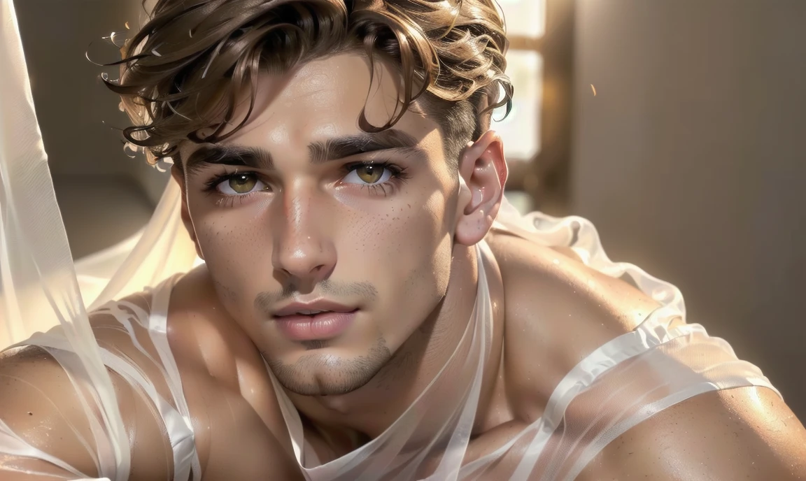 "((highly detailed, detailed eyes, detailed face, clear and realistic facial features, photorealistic, realistic light; cinematic)), (1 man), ((((artist studio background)))), (((23-year-old male))), (((seductive sexy enigmatic gorgeous greek male model))), ((((Greek nose)))), ((strong ethnic Greek appearance)), ((((model is acting enticing)))), ((seductive expression)), (((blushing))), ((short dark hair)), ((((light hazel brown eyes)))), ((olive skin)), (((long dark natural eyelashes))), (((clean-shaven face))), (((posing seductively with body draped in a sheer white silk sheet))."