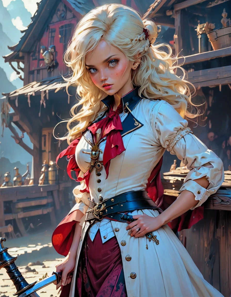 a portrait of a woman vampire pirate queen on a pirate ship ready for battle, ((full body: 1.5)), ((anatomically correct: 1.5)), (ultra detailed face: 1.2), looking tense, looking dangerous,  dynamic eye color, glowing eyes, dynamic hair color, dynamic hair style dynamic skin complexion, wearing 18th century white button shirt, with ((stains of blood: 1.3)), busty , wearing  wearing high heeled boots, it is night time at sea, moon is high, some clouds,18th century pirate ship background,  vibrant, Ultra-high resolution, High Contrast, (masterpiece:1.5), highest quality, Best aesthetics), best details, best quality, highres, 16k, (ultra detailed: 1.5), masterpiece, best quality, (extremely detailed) RAW, (ultra details, Masterpiece, best quality), Hyperrealism style, holding sword, Intense gaze, holding sword rapier, vampire teeth, BloodSoakedAI, holding sword, Dark Art Painting Style