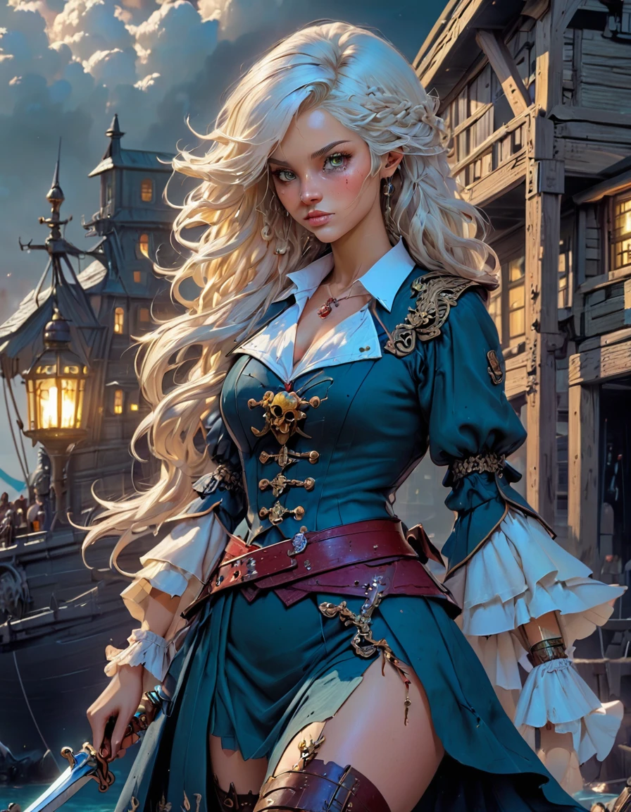 a portrait of a woman vampire pirate queen on a pirate ship ready for battle, ((full body: 1.5)), ((anatomically correct: 1.5)), (ultra detailed face: 1.2), looking tense, looking dangerous,  dynamic eye color, glowing eyes, dynamic hair color, dynamic hair style dynamic skin complexion, wearing 18th century white button shirt, with ((stains of blood: 1.3)), busty , wearing  wearing high heeled boots, it is night time at sea, moon is high, some clouds,18th century pirate ship background,  vibrant, Ultra-high resolution, High Contrast, (masterpiece:1.5), highest quality, Best aesthetics), best details, best quality, highres, 16k, (ultra detailed: 1.5), masterpiece, best quality, (extremely detailed) RAW, (ultra details, Masterpiece, best quality), Hyperrealism style, holding sword, Intense gaze, holding sword rapier, vampire teeth, BloodSoakedAI, holding sword, Dark Art Painting Style