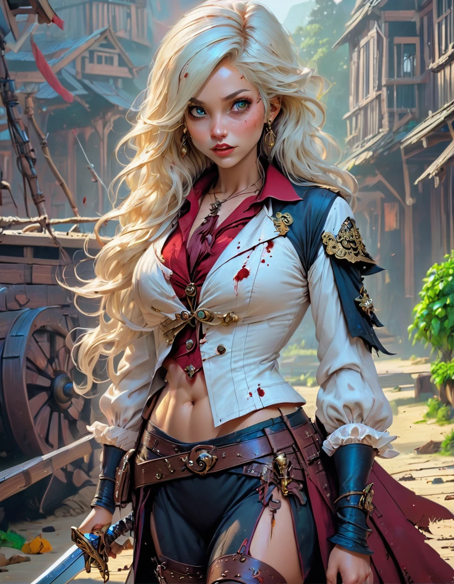 a portrait of a woman vampire pirate queen on a pirate ship ready for battle, ((full body: 1.5)), ((anatomically correct: 1.5)), (ultra detailed face: 1.2), looking tense, looking dangerous,  dynamic eye color, glowing eyes, dynamic hair color, dynamic hair style dynamic skin complexion, wearing 18th century white button shirt, with ((stains of blood: 1.3)), busty , wearing  wearing high heeled boots, it is night time at sea, moon is high, some clouds,18th century pirate ship background,  vibrant, Ultra-high resolution, High Contrast, (masterpiece:1.5), highest quality, Best aesthetics), best details, best quality, highres, 16k, (ultra detailed: 1.5), masterpiece, best quality, (extremely detailed) RAW, (ultra details, Masterpiece, best quality), Hyperrealism style, holding sword, Intense gaze, holding sword rapier, vampire teeth, BloodSoakedAI, holding sword, Dark Art Painting Style