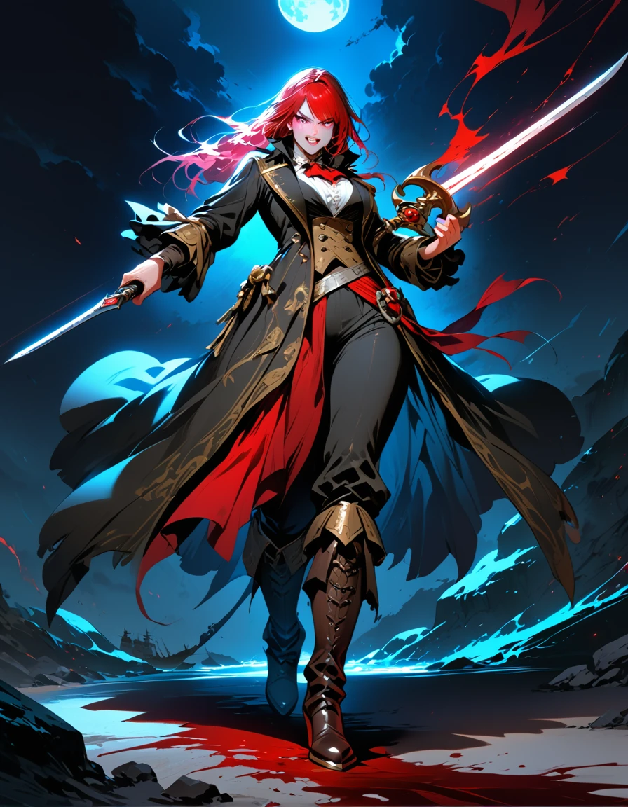 a portrait of a woman vampire pirate queen on a pirate ship ready for battle, ((full body: 1.5)), ((anatomically correct: 1.5)), (ultra detailed face: 1.2), looking tense, looking dangerous, dynamic eye color, glowing eyes, dynamic hair color, dynamic hair style dynamic skin complexion, wearing 18th century white button shirt, with ((stains of blood: 1.3)), busty , wearing wearing high heeled boots, it is night time at sea, moon is high, some clouds,18th century pirate ship background, vibrant, Ultra-high resolution, High Contrast, (masterpiece:1.5), highest quality, Best aesthetics), best details, best quality, highres, 16k, (ultra detailed: 1.5), masterpiece, best quality, (extremely detailed) RAW, (ultra details, Masterpiece, best quality), Hyperrealism style, holding sword, Intense gaze, holding sword rapier, vampire teeth, BloodSoakedAI, holding sword, Dark Art Painting Style