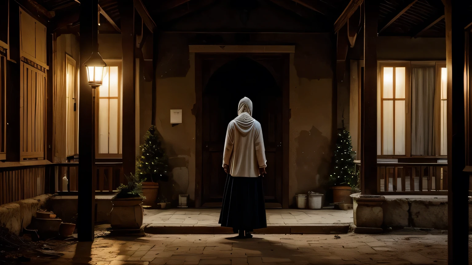 A poignant and nostalgic scene for a video spot led "Bajram bez babe". The setting is a traditional, empty courtyard during Bajram, with faint signs of festivity such as tattered decorations and a small, untouched traditional dish. In the center of the scene, a person stands alone, deeply grieving. They are dressed in traditional Bajram attire, their face filled with sorrow, and a single tear can be seen in their eye. The atmosphere is quiet and melancholic, with soft, warm lighting emphasizing the emptiness of the courtyard and the contrast between the festive spirit outside and the profound sadness inside. The background features an old, worn-out door of a house, symbolizing the absence of the beloved father who is no longer there to welcome them. The scene captures the internal struggle of joy versus sorrow, with a reflective color palette to evoke a deep sense of loss and nostalgia.