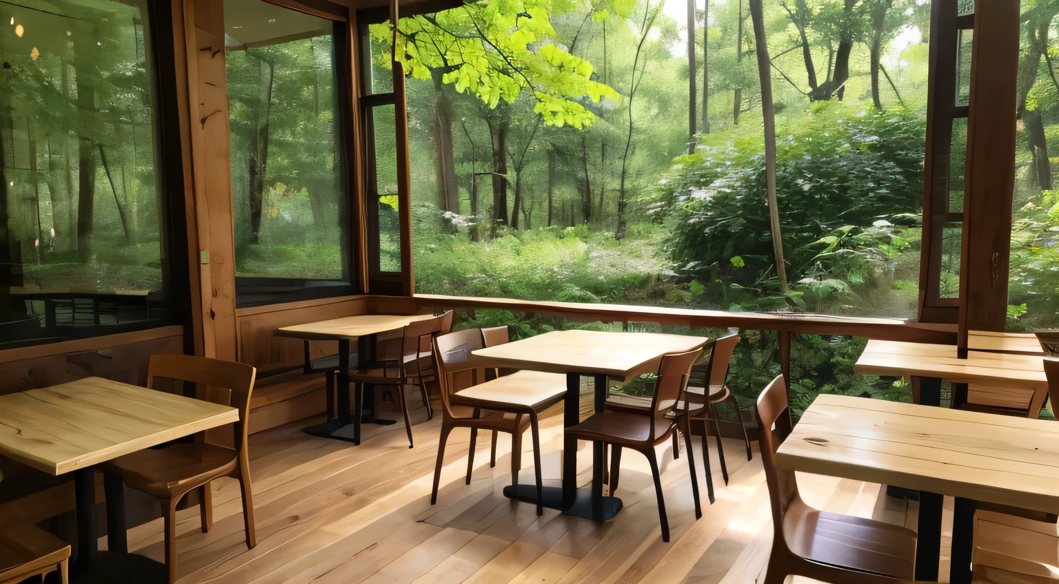 In the forest of fresh greenery Cafe Wooden table