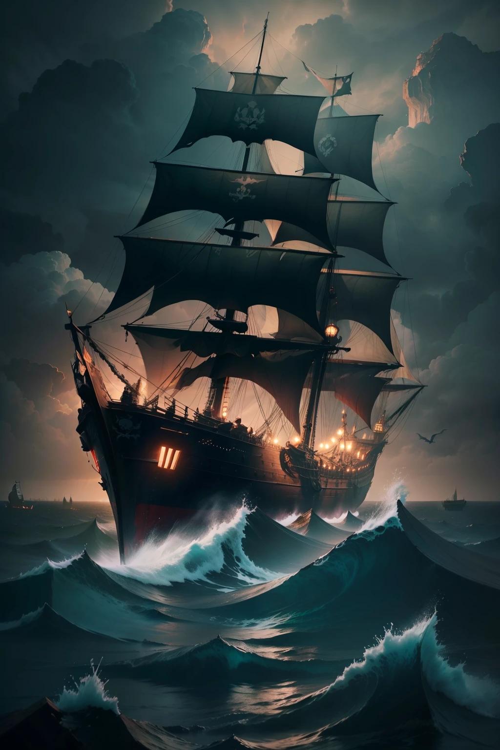 A foreboding black wooden pirate ship cuts through the tempestuous sea, its sails tattered and torn from the countless battles it has weathered. Ravens circling overhead echo the ship's ominous presence, and the captain at its helm is none other than a skeleton, his eyes glowing ominously against the gloom. The stormy sky above is a tumultuous blend of gray and purple, and the sea below is shrouded in a thick red mist, the result of some unseen, dark magic at work. The once proud vessel now sails not on a quest for treasure, but as a harbinger of doom.