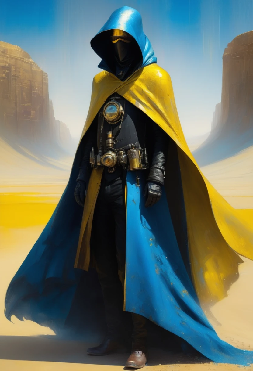 Alone man in black cape and steampunk costume in the desert, blue and yellow art, steampunk and hooded mask, 4D high relief texture painting, 8k, futuristic vintage, full body view, vaporpunk, photorealism, abstract impressionism, arte por Jeremy Mann