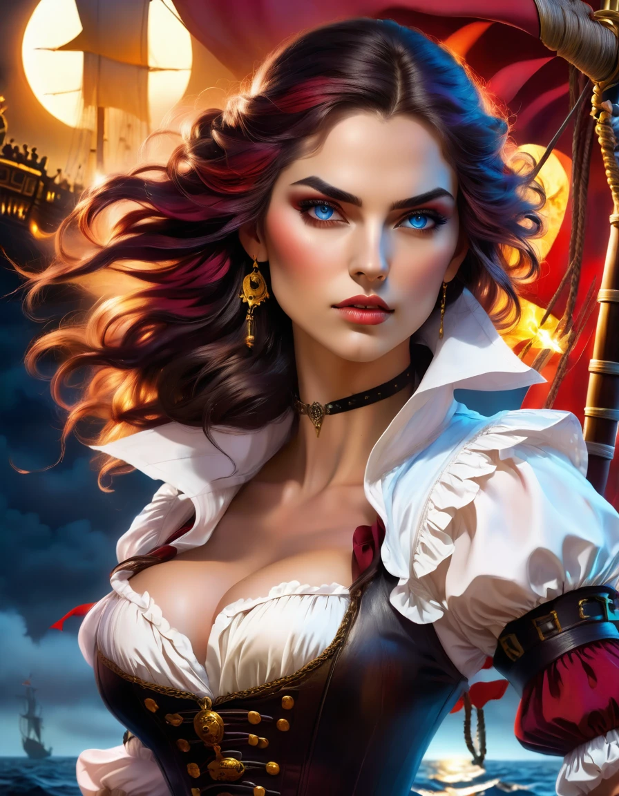 a portrait of a woman vampire pirate queen on a pirate ship ready for battle, ((full body: 1.5)), ((anatomically correct: 1.5)), (ultra detailed face: 1.2), looking tense, looking dangerous,  dynamic eye color, glowing eyes, dynamic hair color, dynamic hair style dynamic skin complexion, wearing 18th century white button shirt, with ((stains of blood: 1.3)), busty , wearing  wearing high heeled boots, it is night time at sea, moon is high, some clouds,18th century pirate ship background,  vibrant, Ultra-high resolution, High Contrast, (masterpiece:1.5), highest quality, Best aesthetics), best details, best quality, highres, 16k, (ultra detailed: 1.5), masterpiece, best quality, (extremely detailed) RAW, (ultra details, Masterpiece, best quality), Hyperrealism style, holding sword, Intense gaze, holding sword rapier, vampire teeth, BloodSoakedAI, holding sword, Dark Art Painting Style