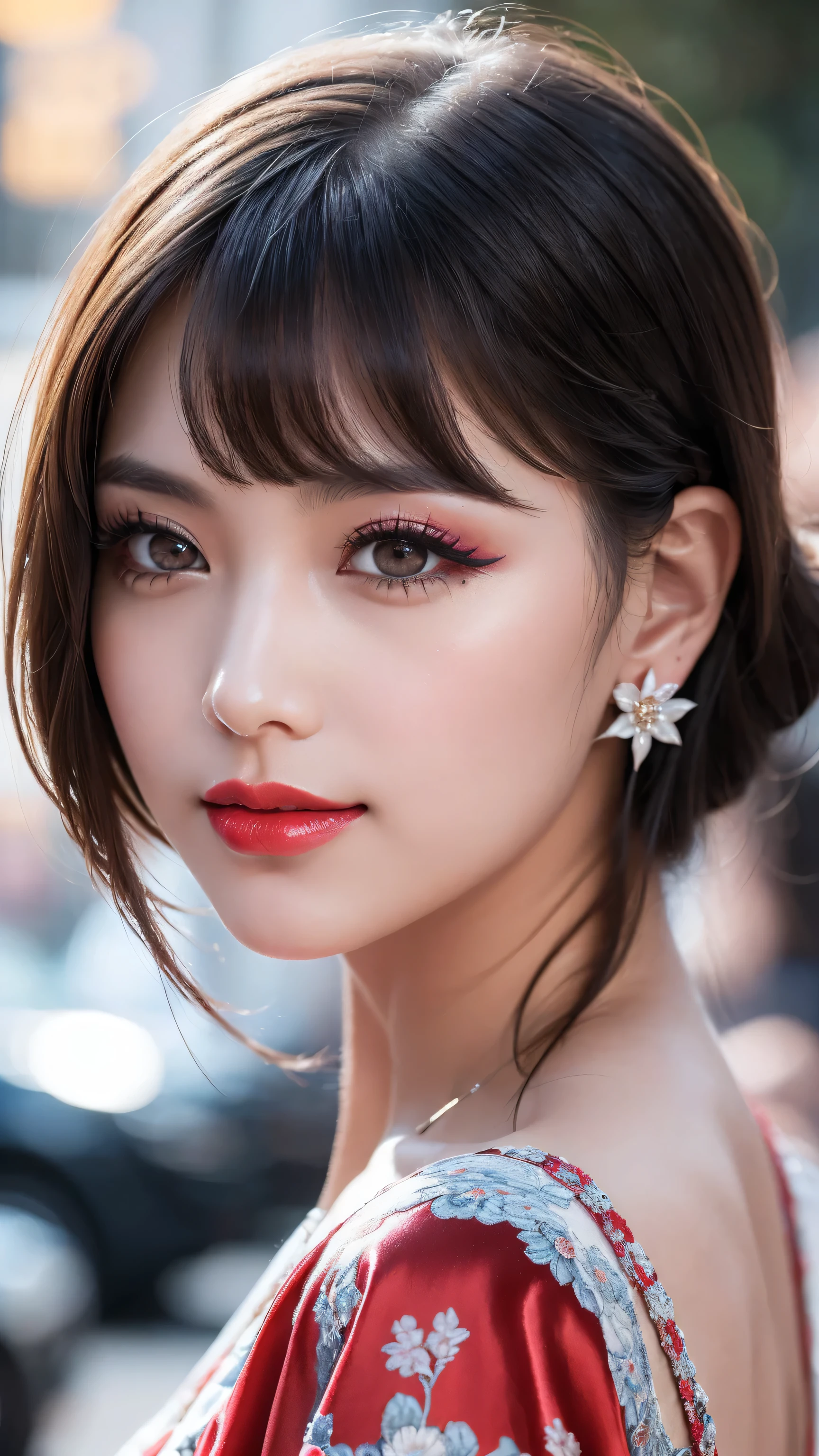 ((Make your subject look three-dimensional with the contrast of light and shadow)), (show 1 woman, 24 years old, famous actress, confidently walks on the red carpet, Film Awards Gala), looks at the viewer, (ultra-fine digital art)\, photorealistic Realism 16K Quality: (eyes: vibrant): {((Ultra absurd details of realistic perfectly round [eyes: brown: 1.4]), Ultra absurd quality and resolution)}, ((the most absurd quality perfect eyes:1.2)), ((super beautiful cute sharp-face)), (light pale complexion), ((clear no blur and sharp perfect round finely detailed pupils)), perfect Hands: [(Normal hands, five finger)], Face: [(Exquisite face)],(ultra detailed eyes), finely detailed face,finely quality eyes,(tired and sleepy and satisfied:0.0), ((close up of a woman's eye) with a digital rendering), realistic eyes, perfect round eyes, finely detailed pupils, (brown_eyes:1.28),BREAK,detailed lips:1.3,pink_makeup:1.3, long_blue_eyeliner:1.35, (red_lipstick:1.32),perfect dark_eyeshadows:1.35, there a close up of a woman's, (super detailed makeup on eyes:1.3), iridescent eyes, with professional makeup, vibrant eyes:1.2, (Detailed nose:1.2), BREAK, ((Are happy,beautiful,Very detailed,sparkling eye,black eyelashes,emotional expression,Intense happy)), ((smiling, joyful face)), (perfect composition), Depth of field, cinematic light, Lens flare, dslr, best high quality soft lighting, sharp focus captured by Fujifilm XT3, f 5.6, in a dramatic lighting, dry skin, best high quality real texture skin, (A woman with velvety skin:1.3), (best high quality real texture hair), (blonde hair(wavy combed up, behind the ear:1.22), hyper detailed:1.25), (firm big full breasts), (slim muscled body), she is the embodiment of beauty and allure, ((Dressed in a breath taking, silk Dolce & Gabbana.Floral dress:1.3)), elegant fashion intricately detailed:1.28), floral couture, (clothes made of silk and flower:1.3), 3/5 long, ((closeup to her face:1.33))