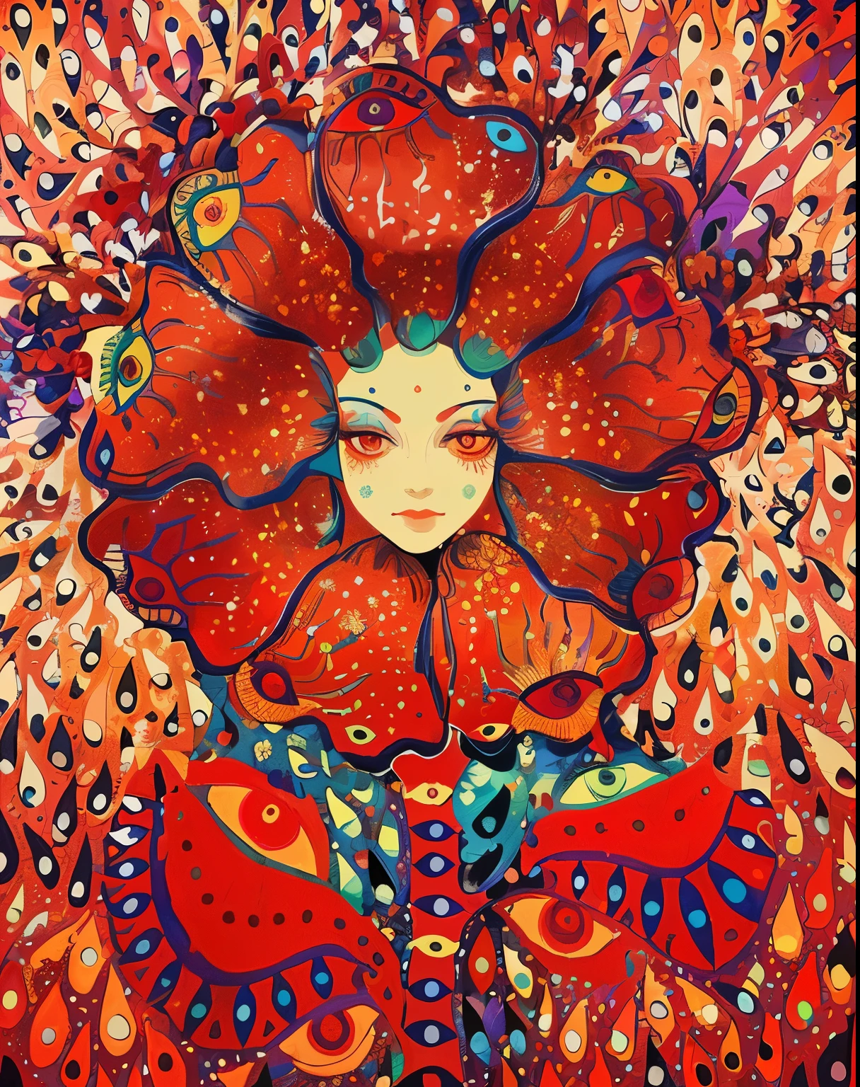 painting of a woman with a red flower in her hair, art deco flower shaman, girl with a flower face, psychedelic goddess, flower goddess, shamanic horror lsd art, third eye, inspired by Jan Stanisławski, inspired by Yayou Kusama, giant red flower afro, psychedelic art nouveau, psychedelic illustration, girl with a flower head