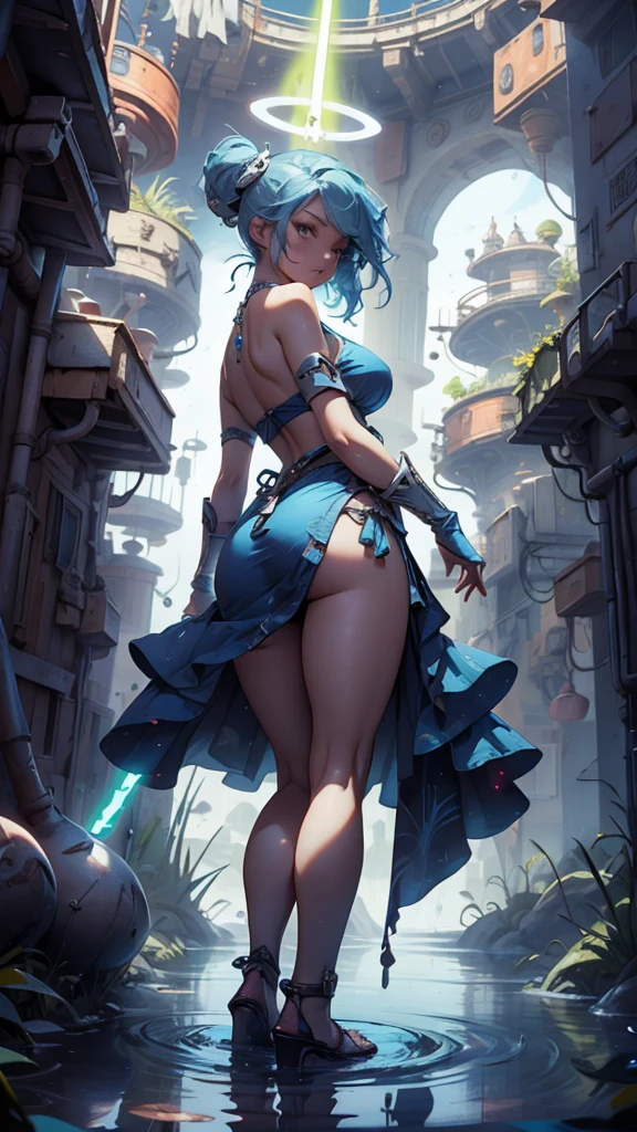 Jedi, Lightsaber, Tight tunics, legs, alien, curve, serious, Blue lightsaber, (Best quality)+, Masterpiece+Length of blue hair to the middle of the back, with a necklace and a blue dress and white, a halo of water over the head, Scales visible on the body and face, NSFW,pele ultra-realista,T-POSE, A-POSE,MODEL SHEET, 3d style, sexy
