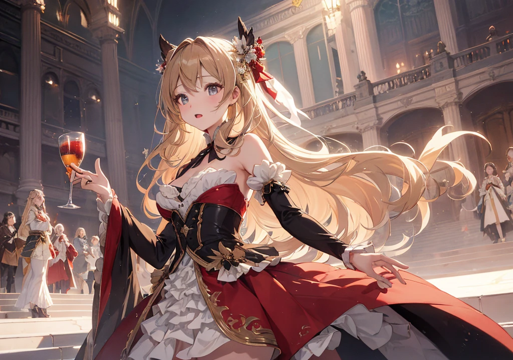 Realistic photos, Focus distance 10mm, Red and white, Beautiful girl, Realistic photos, Shooting at focus distance 10mm, masterpiece, 最high quality, high quality, Very detailed CG 8k wallpaper unit, Award-winning photography, Depth of written boundary, High resolution, bloom, chromatic aberration, Realistic, Very detailed, Art Station Trends, CGsociety Trends, Complex, High detail, dramatic, Art on the go, volumetric lighting, Opera diva on a grand stage、A scene of passionate singing。Her long blonde hair fluttering in the wind、eyes are shining。In the background is a beautiful opera house set and gorgeously costumed performers.
