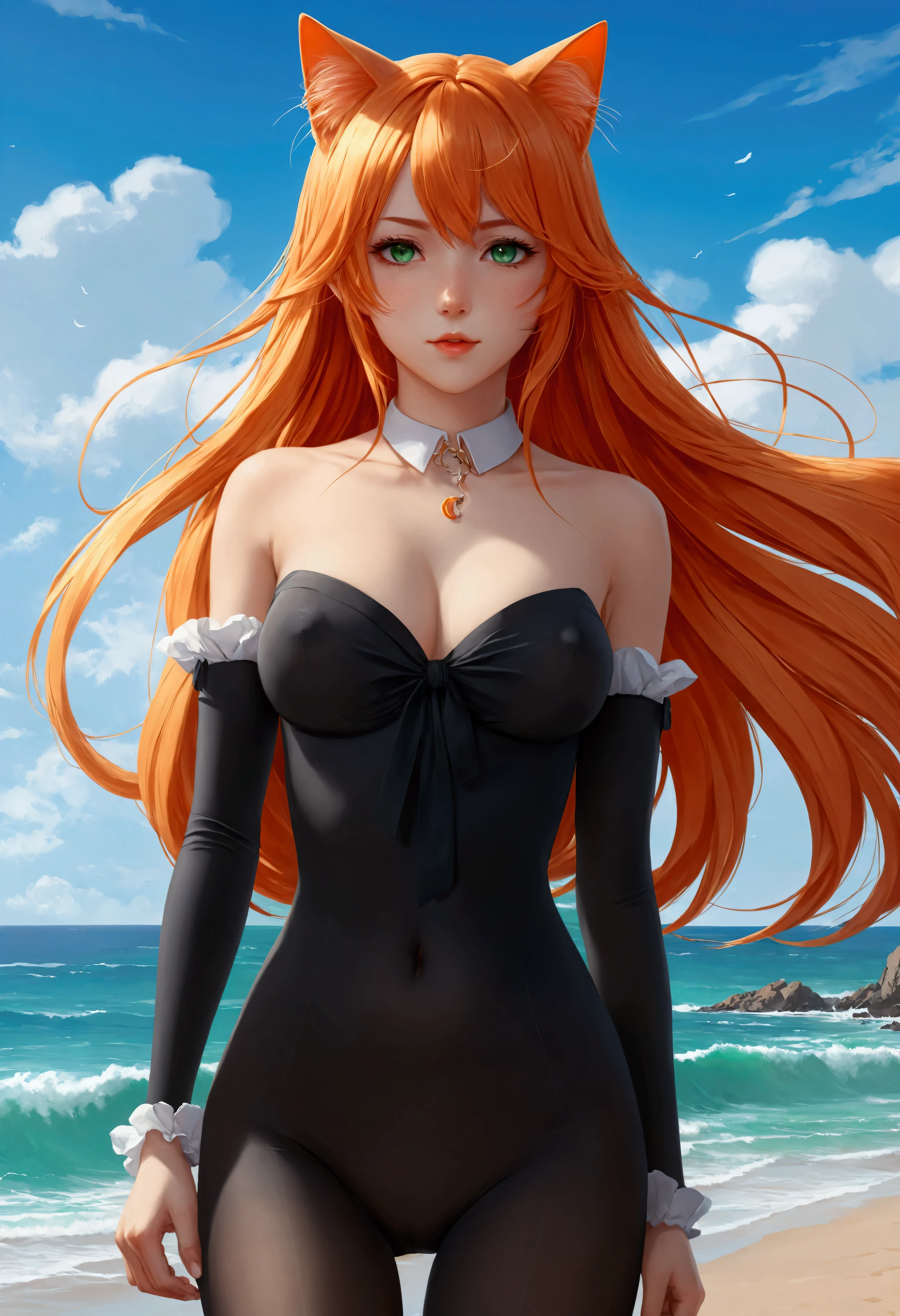 anime girl with long orange hair standing on beach near ocean, green eyes detailed digital anime art, cat ears, , anime girl with long hair, smooth anime cg art, anime girl with long hair, average breast size, digital anime art, artwork in the style of guweiz, beautiful anime portrait, photorealistic anime girl render, beautiful anime girl, advanced digital anime art, pantyhose, guweiz on artstation pixiv upscale HD UHD HQ
