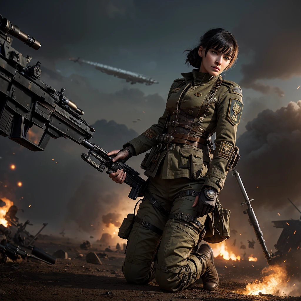 a woman in futuristic steampunk military uniform with military insignia in combat position in a battlefield with surreal beings, hyper-realistic, cinematic, 8k, ultra-detailed, masterpiece, intricate-details, photo-realistic