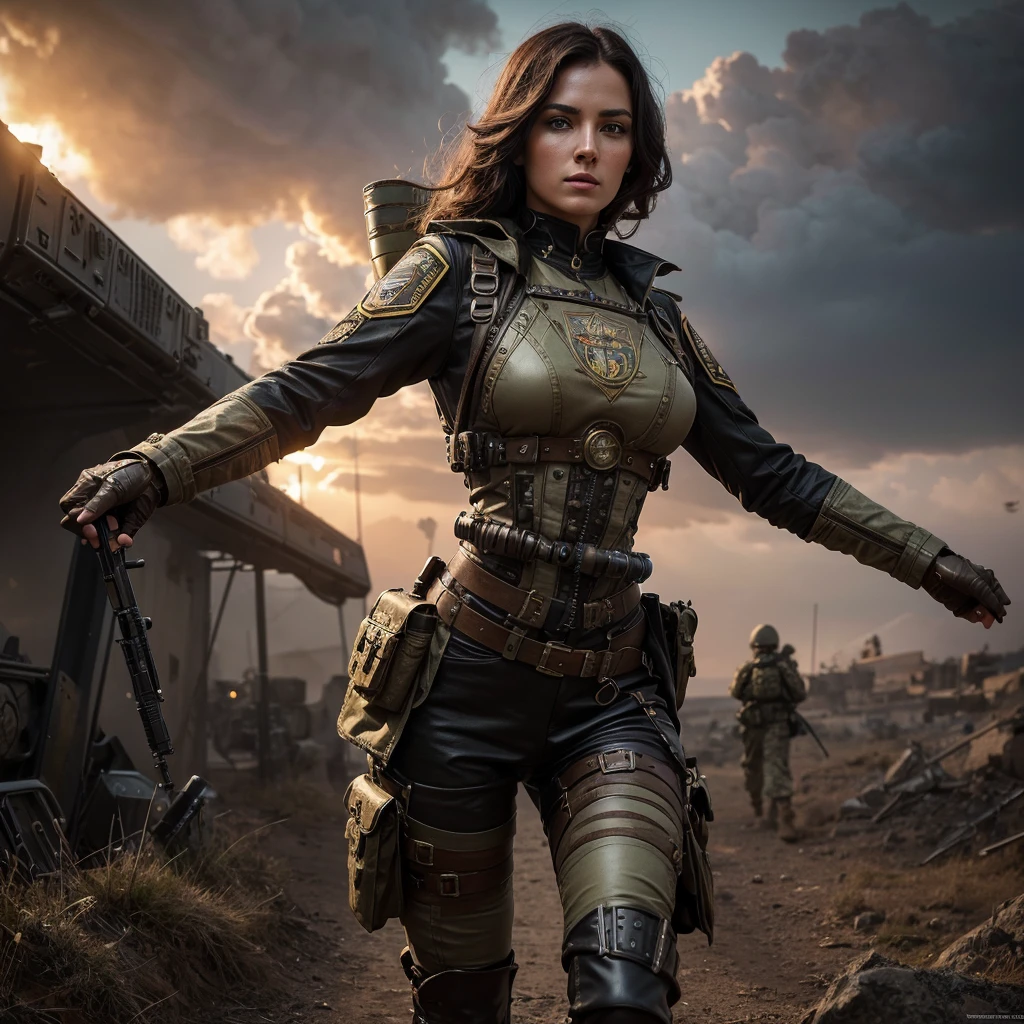 a woman in futuristic steampunk military uniform with military insignia in combat position in a battlefield with surreal beings, hyper-realistic, cinematic, 8k, ultra-detailed, masterpiece, intricate-details, photo-realistic