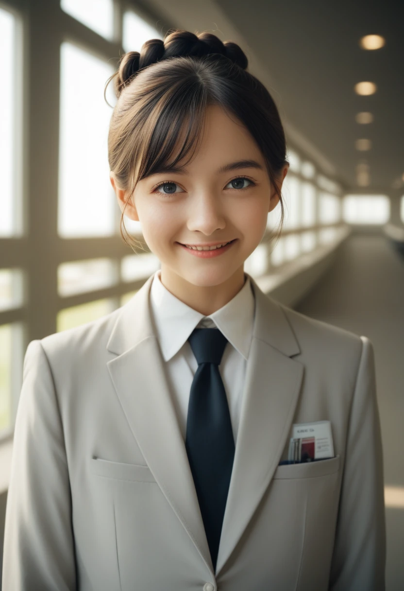 one girl, blonde short hair and bob hair、a braid, I tied my hair in a bun with a hair clip..、smile、beautiful green eyes, gentle smile on her face、flat chest, one Beautiful girl,((masterpiece, illustration, best quality) ((ultra-detailed)),perfect face, Office lady, black hair, short hair, office suit, wearing a tie ultra high resolution, ultra high details, 濃い青とBeautiful Blueのグラデーション, High resolution, 8K HD detail, hyper-detail, cinematic, surrealism, soft light, deep field focus bokeh, ray tracing and surrealism. --v6