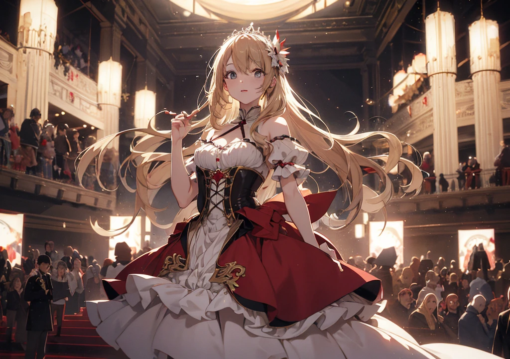 Realistic photos, Focus distance 10mm, Red and white, Beautiful girl, Realistic photos, Shooting at focus distance 10mm, masterpiece, 最high quality, high quality, Very detailed CG 8k wallpaper unit, Award-winning photography, Depth of written boundary, High resolution, bloom, chromatic aberration, Realistic, Very detailed, Art Station Trends, CGsociety Trends, Complex, High detail, dramatic, Art on the go, volumetric lighting, Opera diva on a grand stage、A scene of passionate singing。Her long blonde hair fluttering in the wind、eyes are shining。In the background is a beautiful opera house set and gorgeously costumed performers.