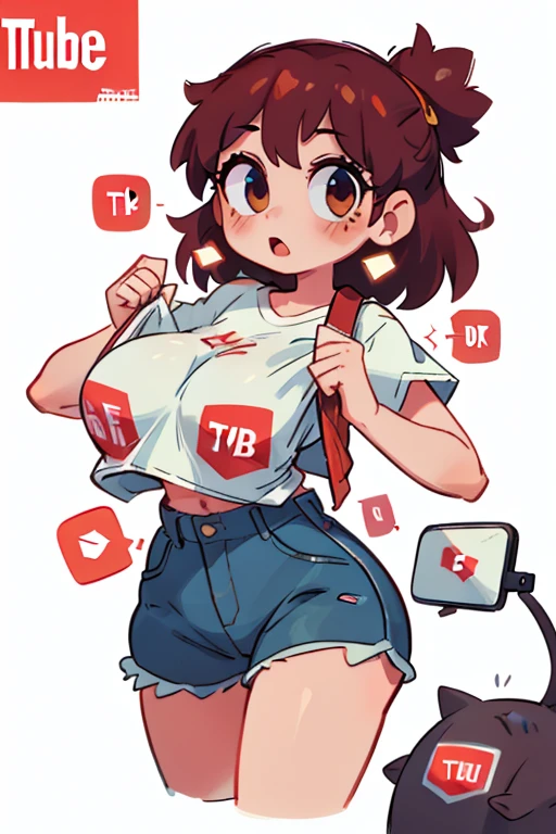 chica sexy ((big tits)) in short shirt ((white with the original google logo)) ((Blue hair, yellow, green and red))