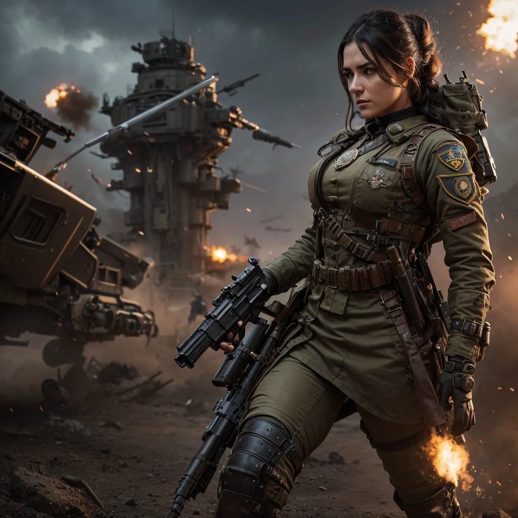 a woman in futuristic steampunk military uniform with military insignia in combat position in a battlefield with surreal beings, hyper-realistic, cinematic, 8k, ultra-detailed, masterpiece, intricate-details, photo-realistic