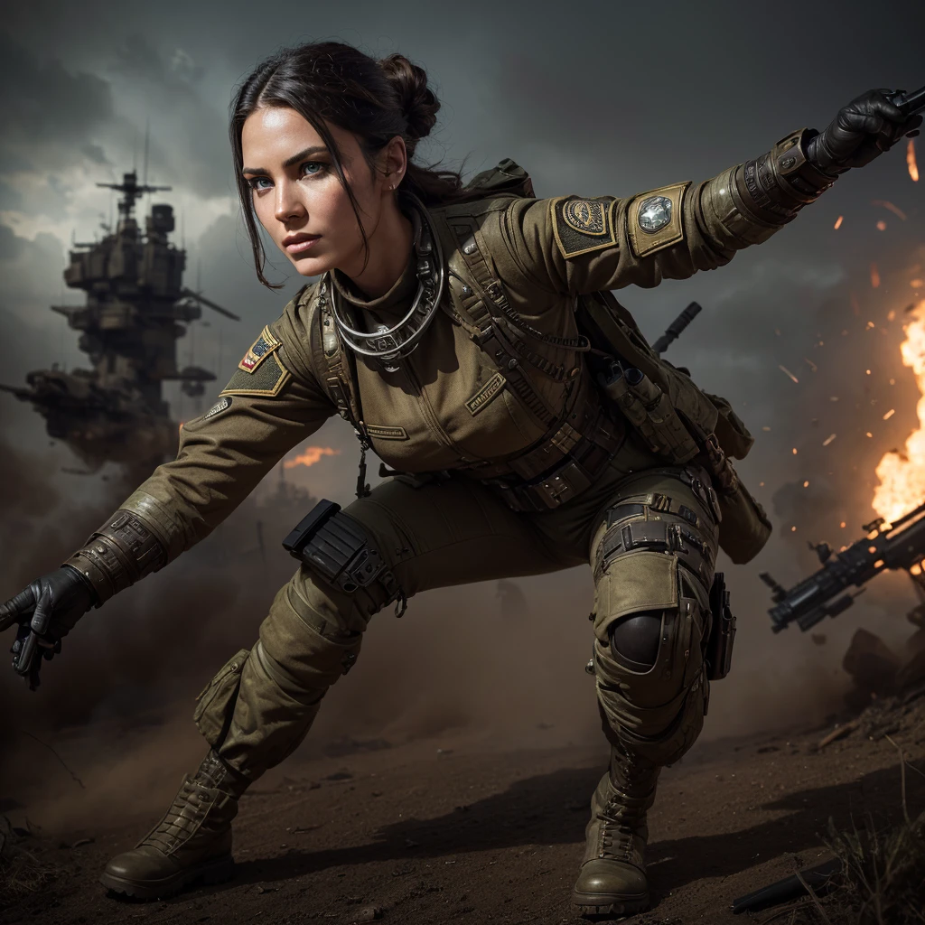 a woman in futuristic steampunk military uniform with military insignia in combat position in a battlefield with surreal beings, hyper-realistic, cinematic, 8k, ultra-detailed, masterpiece, intricate-details, photo-realistic