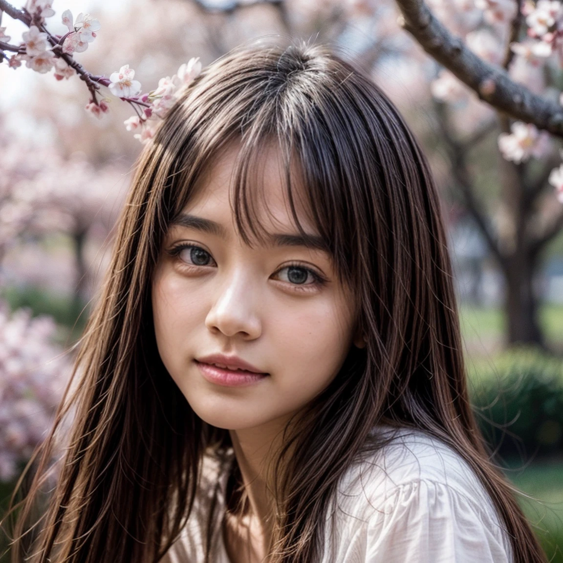 (Surrounding the camera、Panoramic group photo of female students looking down) . (Highest quality, High resolution, masterpiece, Realistic:1.2),(High resolution, Bright colors), Beautiful Face, Detailed facial features, take a picture, (close:1.3, View from below), Detailed Expression, Natural pose, Cherry blossom background with mist, Photon Mapping