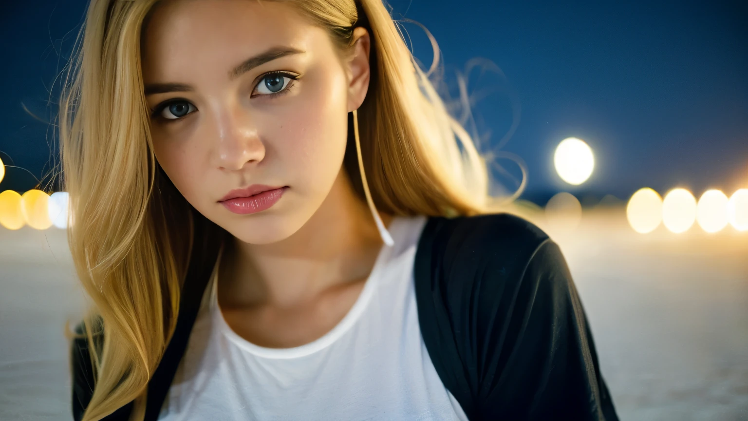 Beautiful blonde with big boobs in a t-shirt (Uyuni Salt Flats at night、walk),Wear headphones,Very detailed, 21 years old, Innocent face, Wavy Hair, blue eyes, High resolution, masterpiece, Highest quality, Intricate details, Very detailed, Clear focus, Delicate skin, practical skin texture, texture, Delicate eyes, Professional, 4K, Sad face,despair、 Shot with Canon, 85mm, Shallow and deep, Kodak Vision Color, that's right, Very detailed, photograph_\(Extremist\), photographpractical, practical, Post-processing, Maximum details, Roughness, Real Life, Extremist practical, Photorealism, photographgraphy, 8K Ultra HD, photographgraphy