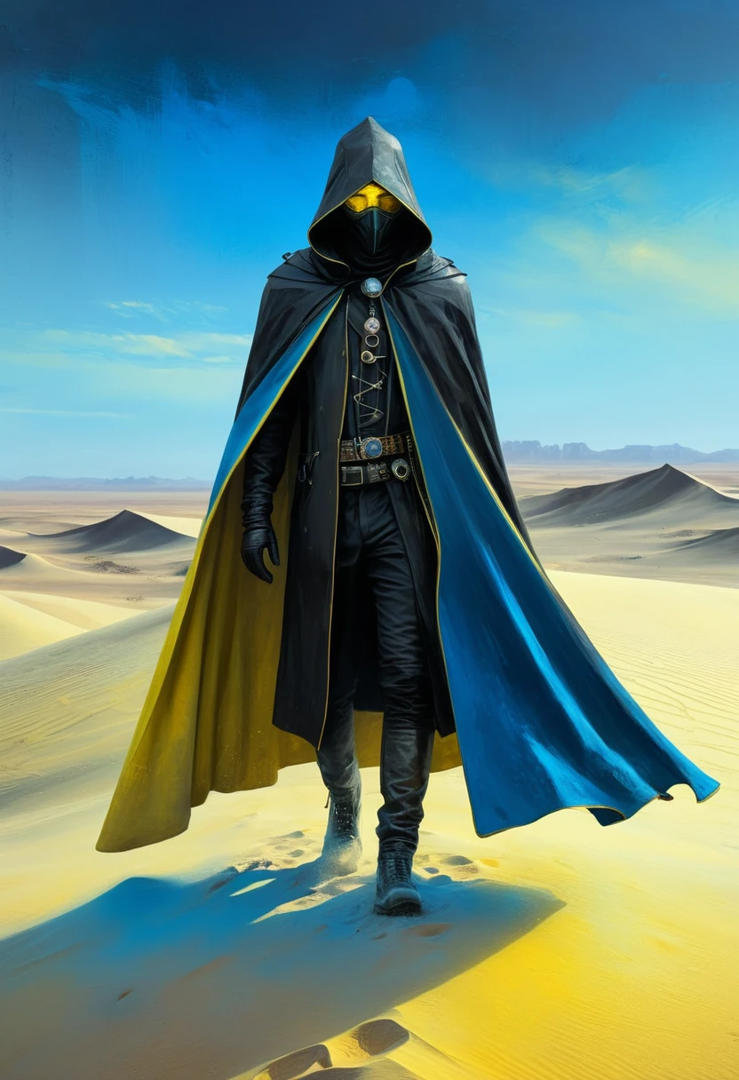 Vaporpunk man in black cape in the desert and alone, blue and yellow art, steampunk and hooded mask, 4D high relief texture painting, 8k, futuristic vintage, full body view, vaporpunk, photorealism, abstract impressionism, arte por Jeremy Mann