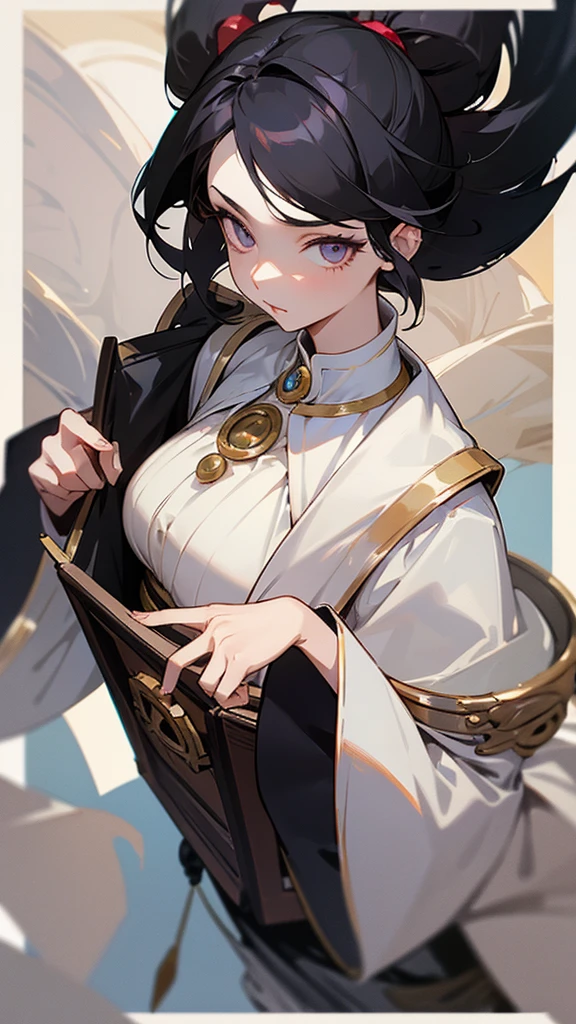 a girl with black hair and white-pearl eyes in the clothes of a merchant with a rather large chest, sixteen years old