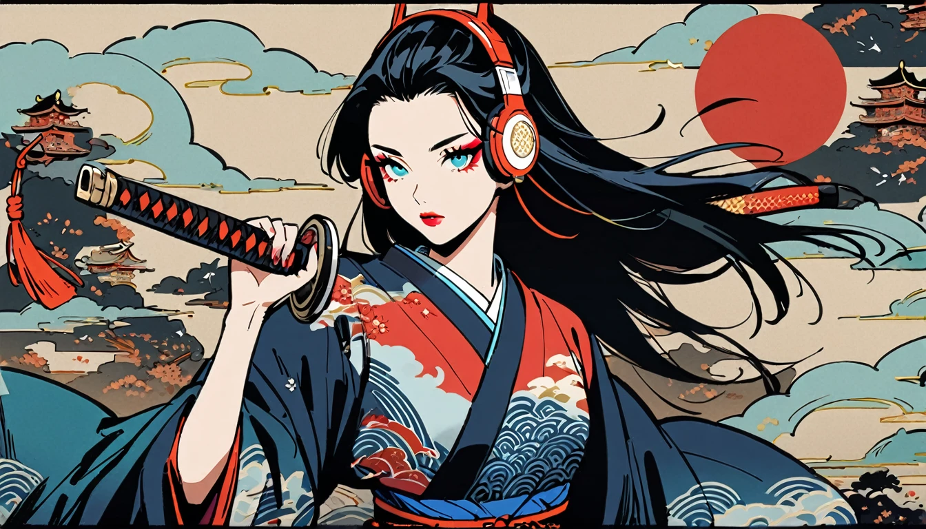 (((1 girl))), (((Flashy makeup))), (((Japanese style headphones))), (((Japanese pattern hoodie))), (((Japanese sword))), (((Female samurai))), Japanese beautiful girl, Black Hair, Delicate and precise, Modern ukiyo-e style, Japanese flag, red and blue neon