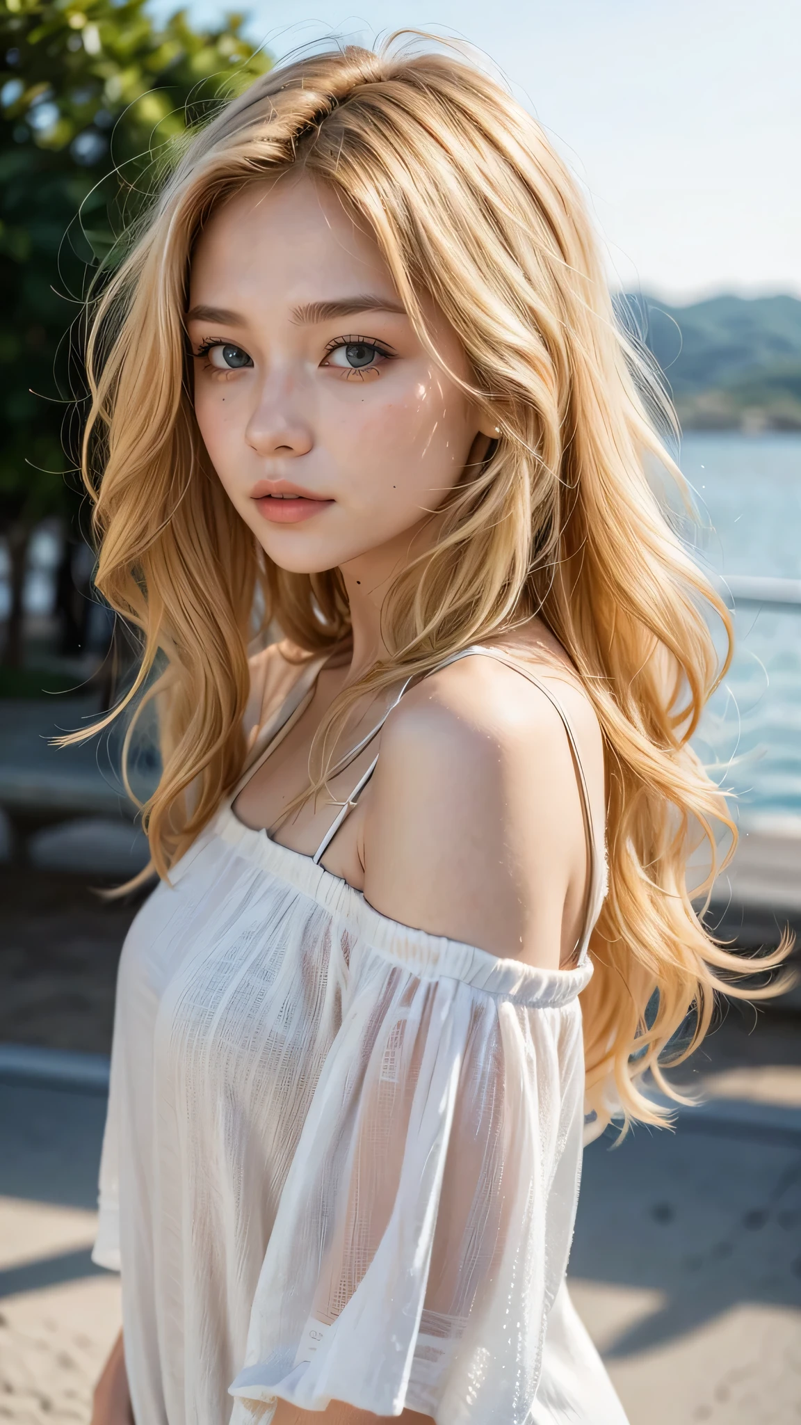 foreground: a beautiful woman, blonde hair wavy in the wind. She is a men's magazine model, She has a subtle smile and flirts with the camera, always smiling ,(ela usa um baibydoll sexy, casual ribbed tank top and pants:1.2), background posing in Paris, red light district paris, green trees, pretty flowers, ((sunset:1.3)), (perfect blue eyes:1.21), perfect hands, perfectbody, perfect hair, huge fake breasts, Hair behind the ear, happy attitude, ultra HD, retina, work of art, precise, anatomically correcte, texturized skin, super detaill, High details, high qualiy, awardwinning, best qualityer, high resolution, 16K, 8k,