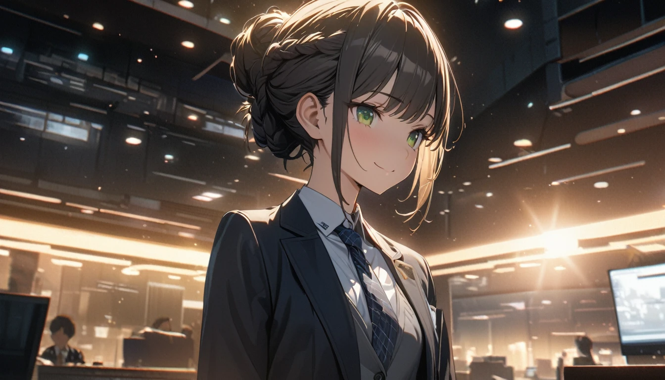 one girl, blonde short hair and bob hair、a braid, I tied my hair in a bun with a hair clip..、smile、beautiful green eyes, gentle smile on her face、flat chest, one Beautiful girl,((masterpiece, illustration, best quality) ((ultra-detailed)),perfect face, Office lady, black hair, short hair, office suit, wearing a tie ultra high resolution, ultra high details, 濃い青とBeautiful Blueのグラデーション, High resolution, 8K HD detail, hyper-detail, cinematic, surrealism, soft light, deep field focus bokeh, ray tracing and surrealism. --v6