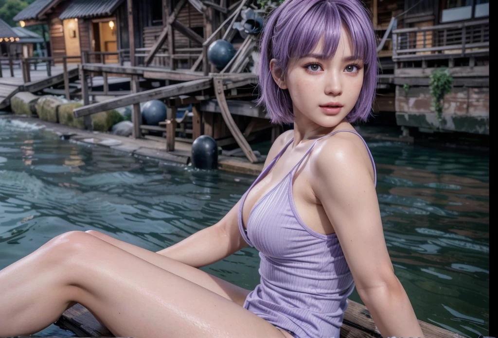 Ayane, cabelo roxo, Eyes red, (best quality, ultra details), (realisitic:1.37), beautiful and detailed face, ultra-realisitic texture, 精致的面容, Delicate body, red lipgloss stick, long-lasting colors. High definition, 8k.
