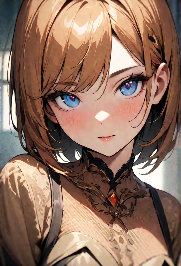 (Absurd:1.5), (Masterpiece:1.3), stunning masterpiece in the grain technique featuring a teenage girl with large, expressive eyes. The composition focuses on her upper body, showcasing a graceful tilt of her neck. She gazes directly at the viewer, evoking a sense of connection and intrigue. The background is softly blurred to emphasize her delicate features and the intricate details of the grain texture.