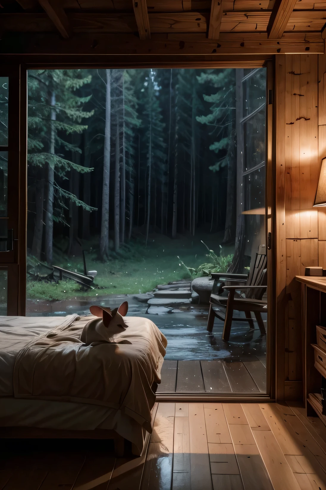 I want a cabin in the woods on a rainy day, with a mouse inside 