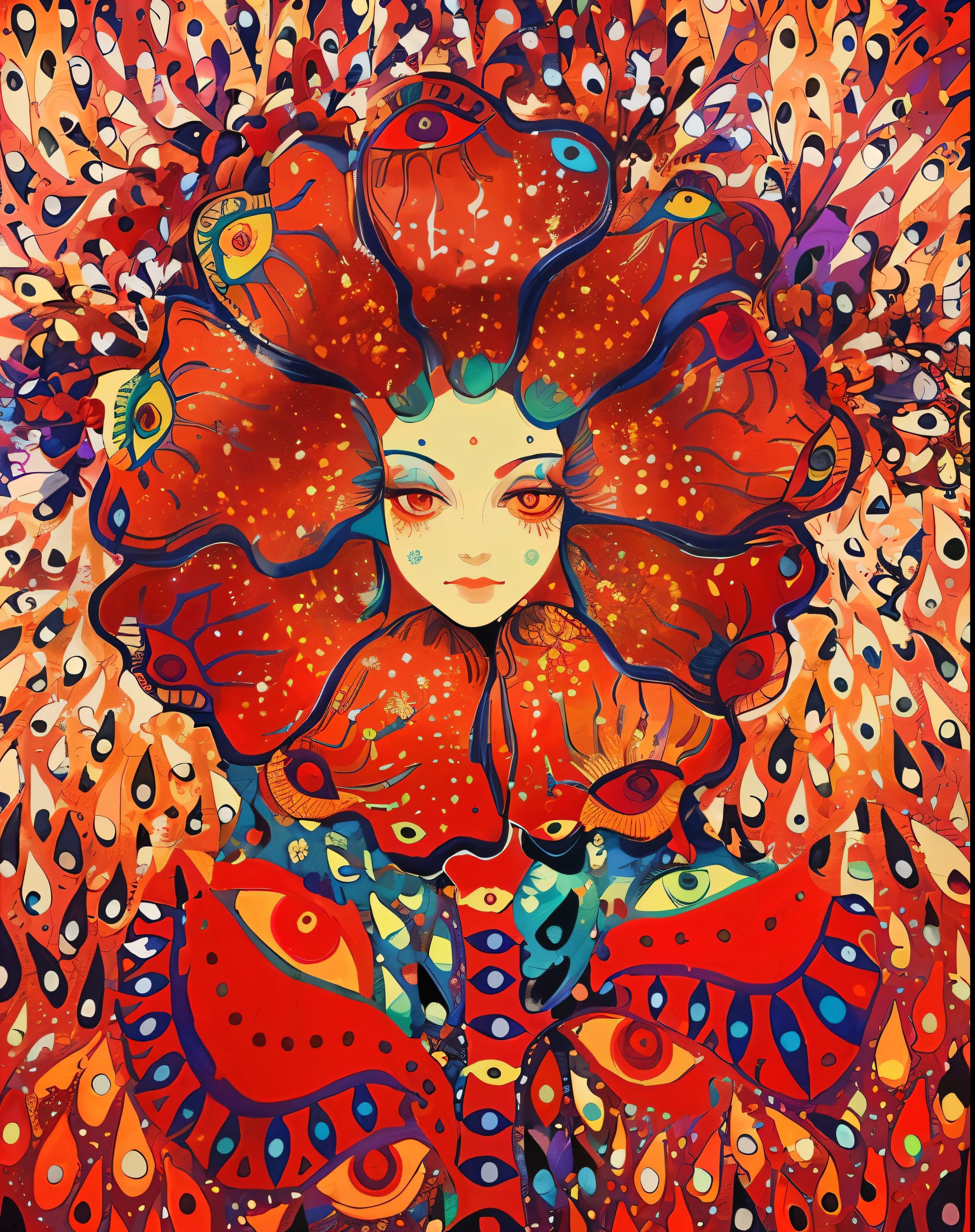 painting of a woman with a red flower in her hair, art deco flower shaman, girl with a flower face, psychedelic goddess, flower goddess, shamanic horror lsd art, third eye, inspired by Jan Stanisławski, inspired by Yayou Kusama, giant red flower afro, psychedelic art nouveau, psychedelic illustration, girl with a flower head