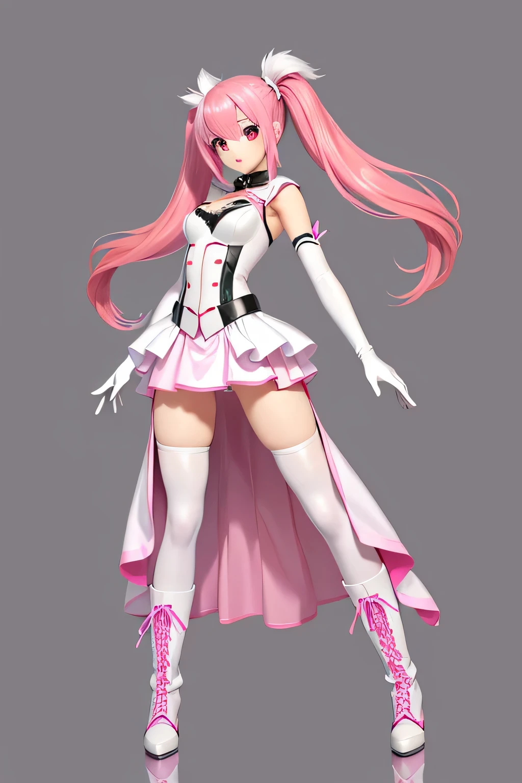 Perfect Anatomy Highest quality,Highest Resolution,(((Long skirt Silver Boots White Opera Gloves pink hair))) Metal Max 2:Reloaded Twin tails Red Eye Slender 18-year-old