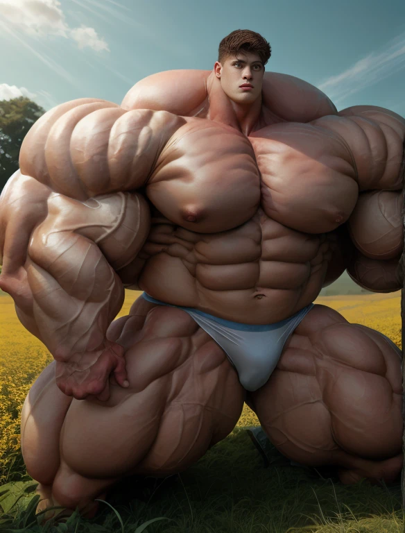 1boy, giant, alone, giant bodybuilder, illuminating light, strong body, bulk, large size, standing at the countryside meadows, nude, naked, bare, white triangular underwear, thick bulge, extraordinary big, brutalmass, giant muscular body, bulk, buff, massive body, large meaty body size, extremely wide body