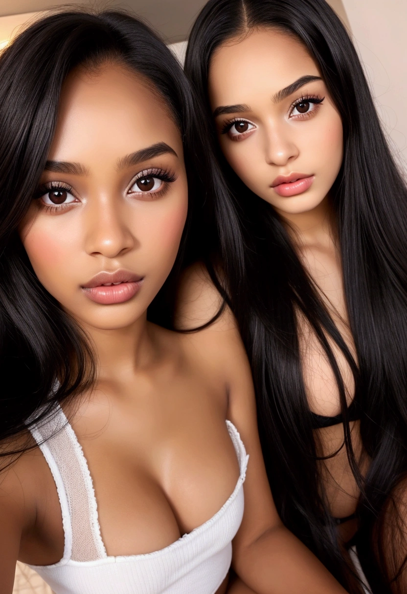 Selfie, 2 Young Black females perfection, 22 ans, full glossy lips, long black hair, dark brown eyes, hyper realistic, 