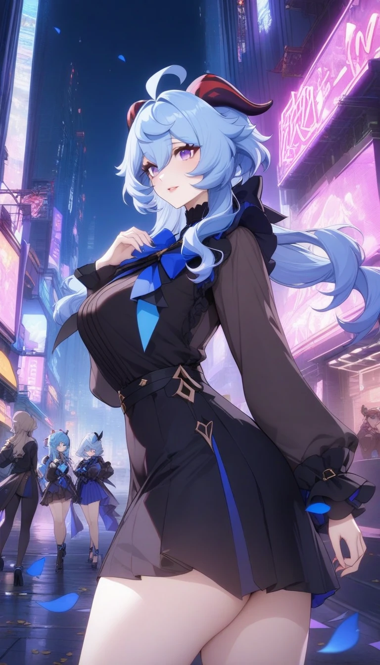 masterpiece, best quality, very aesthetic, absurdres, 1girl, mature_lady, ,1girl, ganyu \(china merchants bank\) \(genshin impact\), genshin impact, horns, blue hair, official alternate costume, shirt, long hair, skirt, black shirt, ahoge, purple eyes, bow,Cyberpunk City, Street, Night, neon light, neon sign,,surrounding by flowers,falling_petals, petals,,