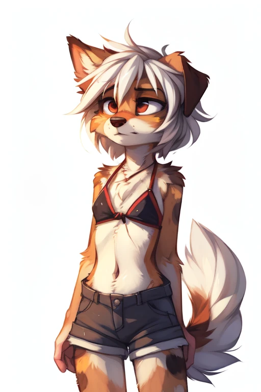 (((White background, no background))), High quality, 8K, by kenket, by swaybat, by reysi, by Zackary911, by hyattlen, by teranen, by fumiko, by Pixelsketcher, by Bayard Wu, by Einshelm, by Kilinah, by Hioshiru, by fluff-kevlar, by Dimwitdog, Furry, Anthro, solo, ((australian shepard)), ((female)), ((young)), fluffy tail, slender, ((short white hair)), chest fluff, short, small breasts, bikini, shorts, unzipped, bored, uninterested, hunched over, annoyed eyes