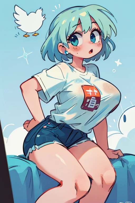 chica sexy ((big tits)) in short shirt ((white with the original google logo)) ((Blue hair, yellow, green and red))