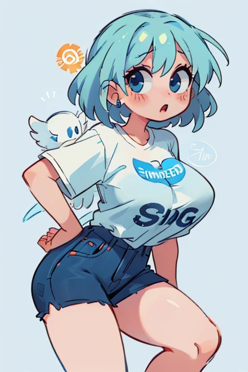 chica sexy ((big tits)) in short shirt ((white with the original google logo)) ((Blue hair, yellow, green and red))