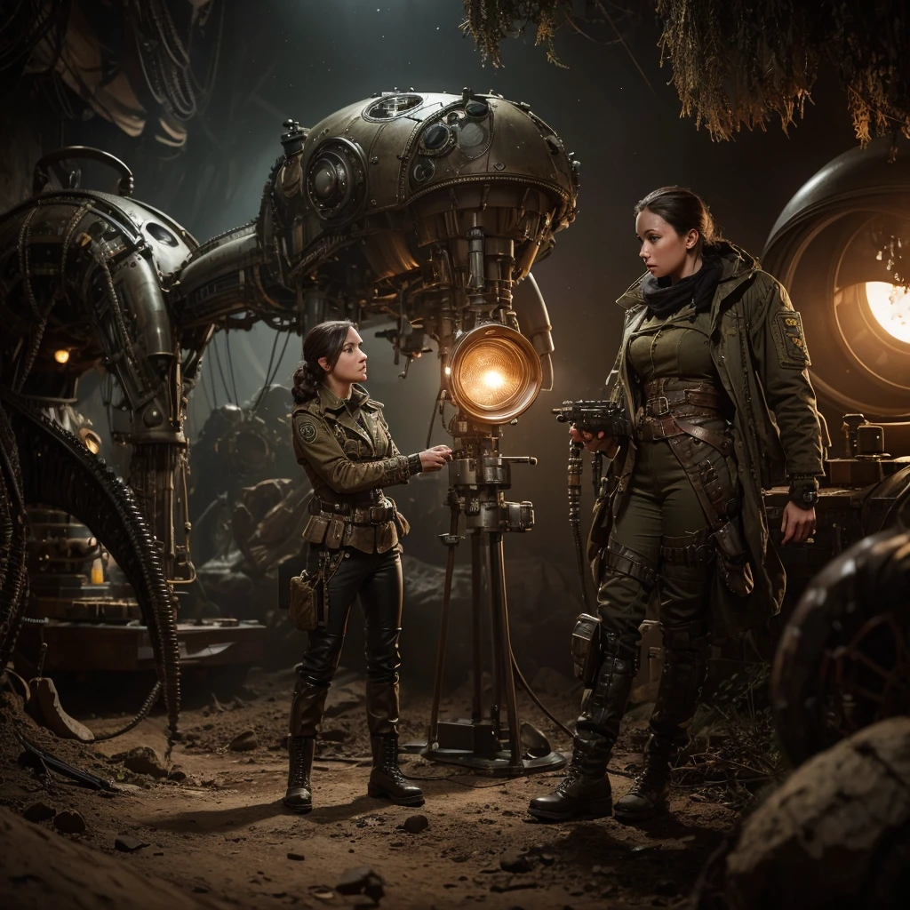 
a woman in a steampunk military uniform analyzing some alien creatures on an unknown planet, hyper-realistic, cinematic, 8k, ultra-detailed, masterpiece, intricate-details, photo-realistic