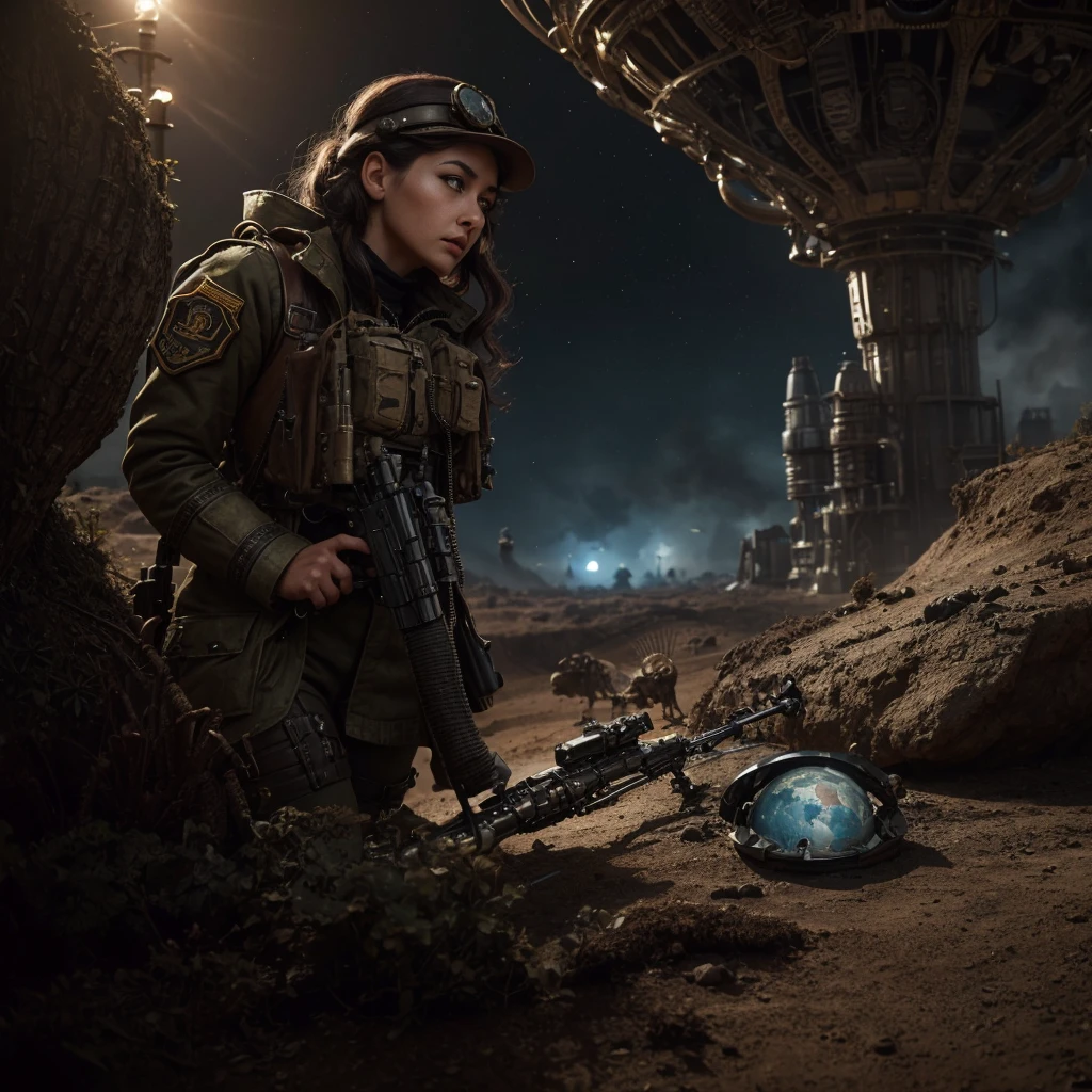 a woman in a steampunk military uniform analyzing some alien creatures on an unknown planet, hyper-realistic, cinematic, 8k, ultra-detailed, masterpiece, intricate-details, photo-realistic