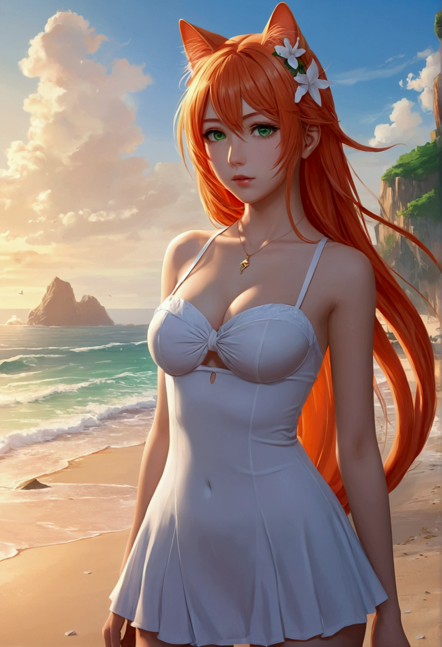 anime girl with long orange hair standing on beach near ocean, green eyes detailed digital anime art, cat ears, , anime girl with long hair, smooth anime cg art, anime girl with long hair, average breast size, digital anime art, artwork in the style of guweiz, beautiful anime portrait, photorealistic anime girl render, beautiful anime girl, advanced digital anime art, pantyhose, guweiz on artstation pixiv upscale HD UHD HQ
