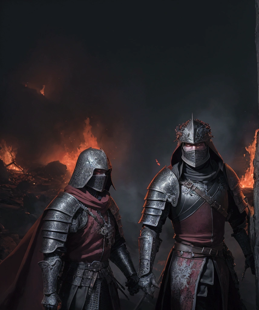 An ultra-high definition 8K wallpaper featuring a medium shot of Grim, depicted as a fierce medieval knight. Grim is clad in intricately detailed, battle-worn armor adorned with heraldic symbols and dark, gleaming metal. The scene is dramatically lit with a fiery glow, highlighting the rugged texture of the armor. The background showcases a war-torn battlefield with crumbling fortresses and blazing fires, creating a vivid, intense atmosphere. The image boasts intricate details, a dramatic historical theme, and rich, complementary colors of blood red, charcoal black, and molten gold, contributing to an overall sense of epic conflict and valor.