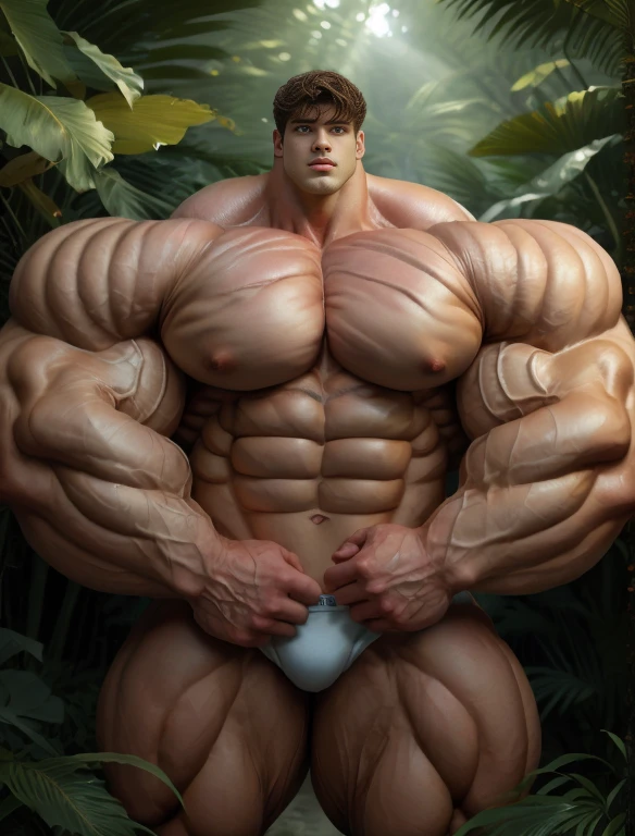 1boy, giant, alone, giant bodybuilder, illuminating light, strong body, bulk, large size, standing at the jungle beach, nude, naked, bare, white triangular underwear, thick bulge, extraordinary big, brutalmass, giant muscular body, bulk, buff, massive body, large meaty body size, extremely wide body