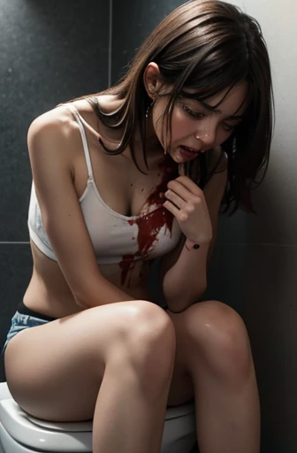 A thin girl is sitting on the toilet, blood is coming from her chest, she is crying 
