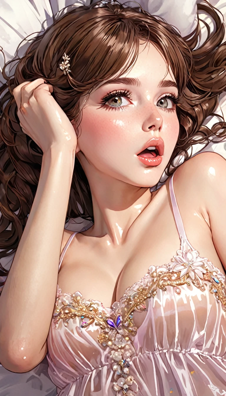 a sexy girl lying down, brown hair, blushing, hair ornament, sexy, sexy transparent nightgown, nsfw, fellatio, oral, licking_penis, hands on penis (best quality, masterpiece, ultra detailed, illustration 1.2), (8K wallpaper), (beautiful eyes detailed 1.2), beautiful, amazing and detailed eyes, (detailed skin) , Bill Sienkiewicz inspired art