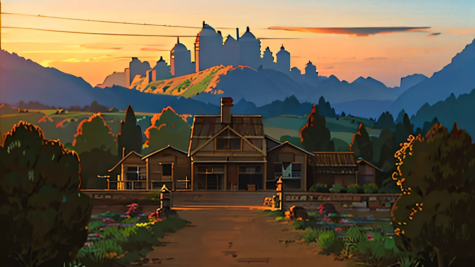 View from outside a simple house at sunset, country house, small house.