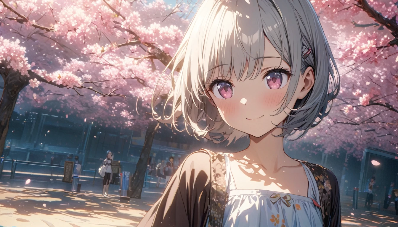 one girl, silver short hair and bob hair、I tied my hair in a bun with a hair clip..、beautiful pink eyes、smile、gentle smile on her face、flat chest, one Beautiful girl,((masterpiece, illustration, best quality) ((ultra-detailed))\Sunny day, standing under the cherry blossoms, 濃い青とBeautiful Blueのグラデーション, High resolution, 8K HD detail, hyper-detail, cinematic, surrealism, soft light, deep field focus bokeh, ray tracing and surrealism. --v6