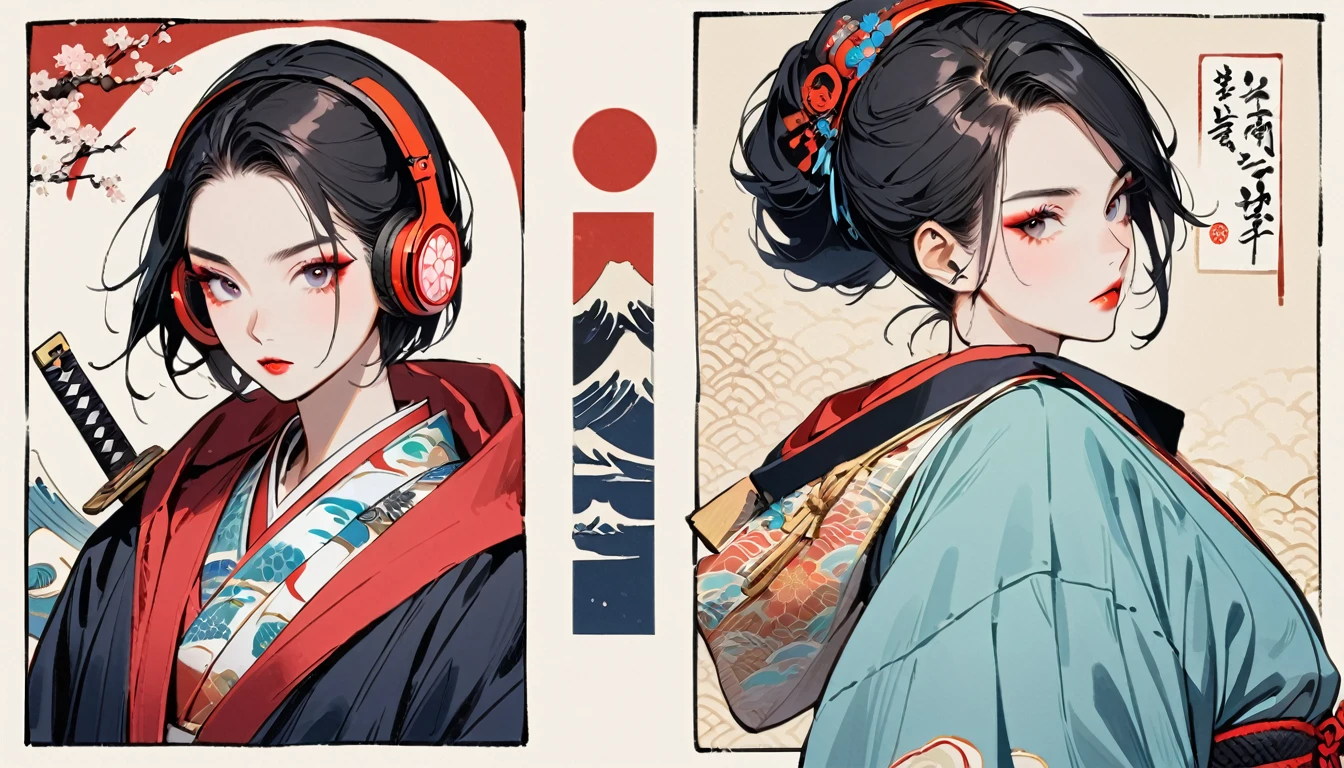 (((1 girl))), (((Flashy makeup))), (((Japanese style headphones))), (((Japanese pattern hoodie))), (((Japanese sword))), (((Female samurai))), Japanese beautiful girl, Black Hair, Delicate and precise, Modern ukiyo-e style, Japanese flag, red and blue neon